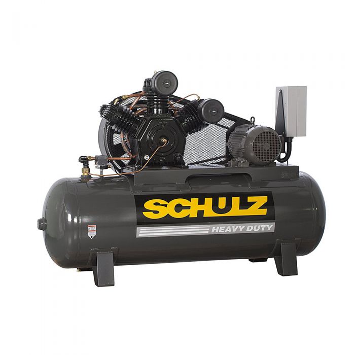 Brand New: Schulz 10 HP Piston/Two Stage Air Compressor, 40 CFM, 175 PSI, 120 Gallon Horizontal Air Tank 230 Volt, 3-Phase 

Cast Iron Construction

ASME Powder Coated Tank and Safety Valve
Magnetic Starter Mounted