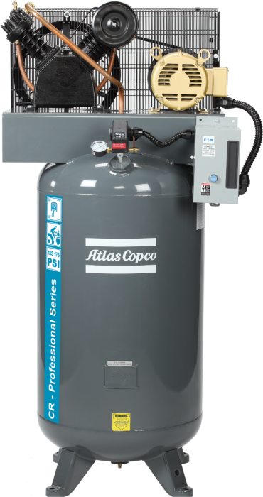 Atlas Copco 5 HP Piston Air Compressors, 15.1 CFM @ 100 PSI, 14.5 CFM @ 175 PSI, Two-Stage, 80 Gallon, Vertical, Three Phase , 460 volts | CR5-OTS-80GV-460V 3PH-PS
